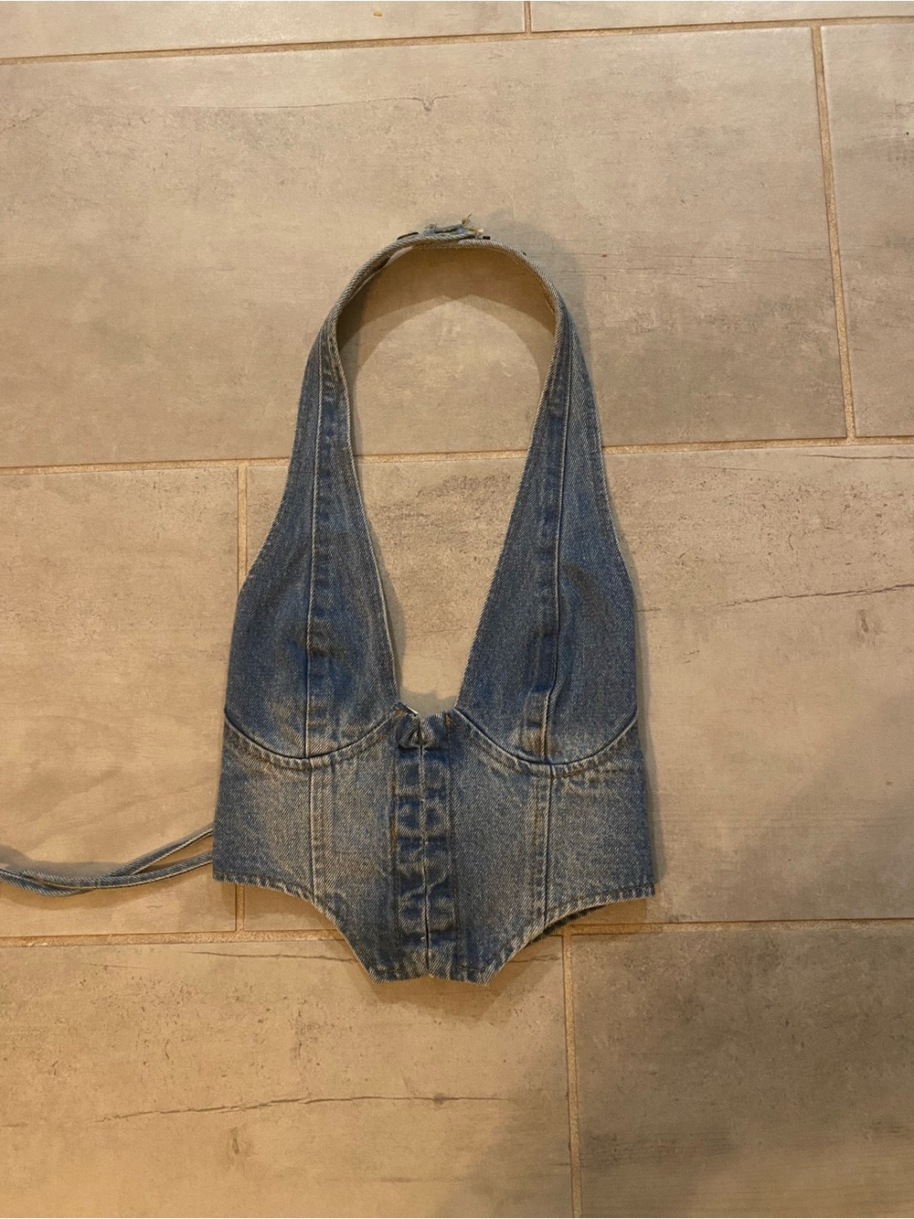 Edikted Denim Halter Crop Top - Blue